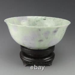 Large Chinese Jadeite Bowl w Wood Stand, Lavender, Green, Celadon 20th c