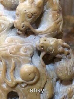 Large Chinese / Japanese Carved Soapstone Tower 5 Dragons Chasing Flaming Pearls