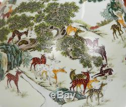 Large Chinese Marked Famille Rose Fencai 100 Deer Hu Form Porcelain Vase TOP