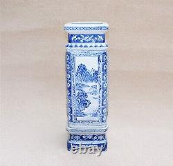Large Chinese Oriental Porcelain Vase + Base Stand Blue And White Vintage 43.5cm