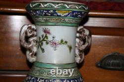 Large Chinese Painted Porcelain Pottery Vase Women Flowers Handles Signed Bottom