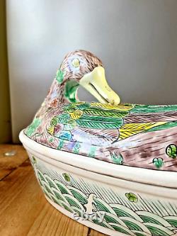 Large Chinese Porcelain Famille Verte Duck On Nest Lidded Tureen Foo Dog Dragon