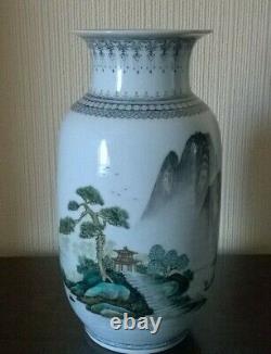 Large Chinese Porcelain Jingdezhen Zhi Vase Landscape Calligraphy Red Seal Mark