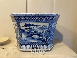 Large Chinese Qing Dynasty 9 Blue White 6 sided Antique Vase Planter