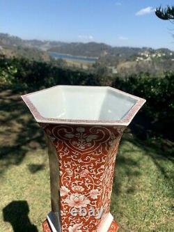 Large Chinese Red and White Porcelain Hexagonal Gu Vase 27 1/2'' Height