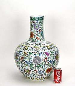 Large Chinese Seal Marked Doucai Floral Globular Porcelain Vase