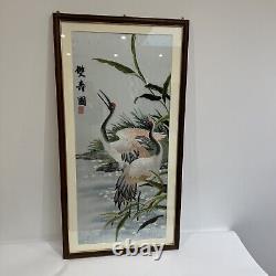 Large Chinese Silk Embroidered Tapestry 41 X 20 With Birds