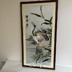 Large Chinese Silk Embroidered Tapestry 41 X 20 With Birds