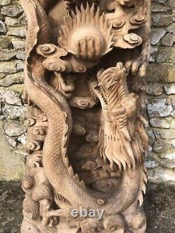 Large Chinese Vintage Wooden Dragon Sculpture Hand Carved