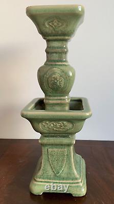 Large Chinese Wacai Gu Form Archaic Green Crackle Glazed Candlestick 31 cm Tall