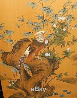 Large Chinese Watercolor Silk Panel Floral Bird Painting Signed