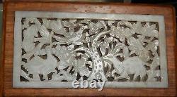 Large Chinese White Birds And Deer Carved Jade Wooden Humidor Jar Box
