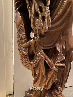 Large Chinese Wood Hand Carved Old Fisherman Fish Figure Statue Art Sculpture