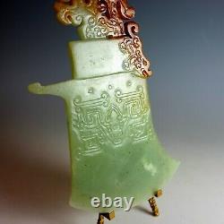 Large Excellent Antique Chinese Engraved Green & Russet Jade Axe Blade