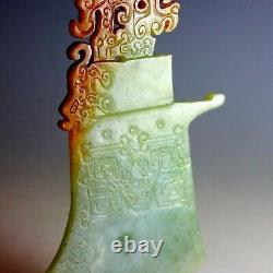 Large Excellent Antique Chinese Engraved Green & Russet Jade Axe Blade