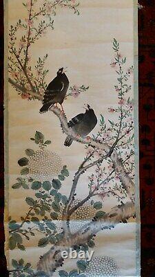 Large Fine Antique Chinese Scroll Painting Two Song Birds In Tree