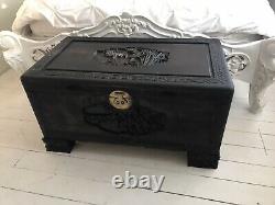 Large Fine Deeply Carved Chinese Antique Chest Camphor Wood Lined On Raised Feet