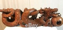 Large Hand Carved Wooden Dragons Statue/ Figurine