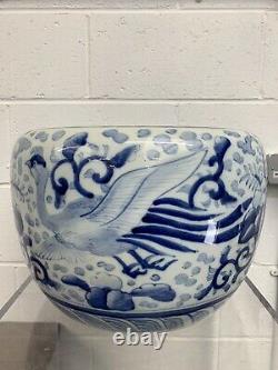 Large Hand Painted Blue & White Chinese Fish Bowl Jardiniere 20th Century