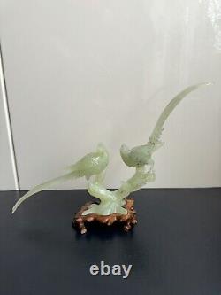 Large Jade Type Hardstone Carved Chinese Birds Sculpture On Wood Stand