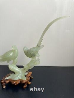 Large Jade Type Hardstone Carved Chinese Birds Sculpture On Wood Stand