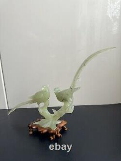 Large Jade Type Hardstone Carved Chinese Birds Sculpture On Wood Stand