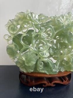 Large Jade Type Hardstone Carved Chinese Dragon & Fruits Sculpture On Wood Stand