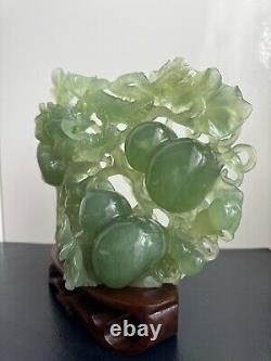 Large Jade Type Hardstone Carved Chinese Dragon & Fruits Sculpture On Wood Stand