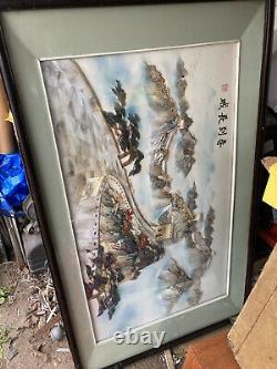 Large Mother Of Pearl Framed Vintage 3D Chinese Landscape Picture 55x 34 Inches