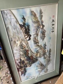 Large Mother Of Pearl Framed Vintage 3D Chinese Landscape Picture 55x 34 Inches