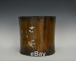 Large Old Chinese Huanghuali Hardwood Brush Pot with Mother of Pearl Inlaid