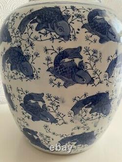 Large Oriental Chinese Ginger Jar Koi Carp Pattern Blue and White Porcelain 40cm
