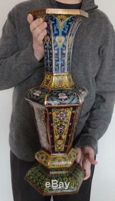 Large Pair Chinese Cloisonné Copper Vases Hex Shaped Flared Rim, 19th or 20th c