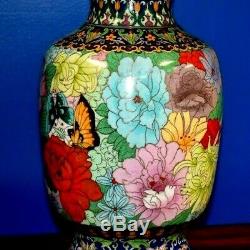 Large Pair Of 36 Chinese Cloisonne Vase Lamps- Porcelain Enamel Asian Oriental