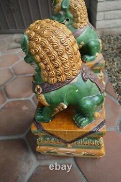 Large Pair Of Antique Chinese Sancai Glazed Foo Lions Foo Dogs