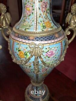 Large Pair Of Blue Porcelain Bronce Cherub Vases 1885 79cm