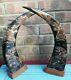 Large Pair Of Carved Chinese Buffalo Horn With Dragons Tigers And Glass Eyes