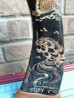 Large Pair Of Carved Chinese Buffalo Horn With Dragons Tigers and Glass eyes
