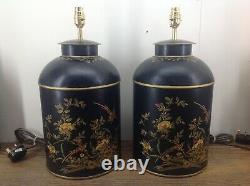 Large Pair Of Toleware Tea Caddy Chinese Black Bird Table Lamps