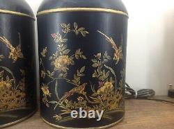 Large Pair Of Toleware Tea Caddy Chinese Black Bird Table Lamps