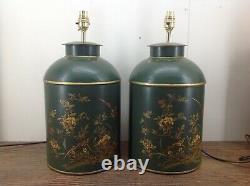 Large Pair Of Toleware Tea Caddy Chinese Green Bird Table Lamps