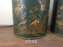 Large Pair Of Toleware Tea Caddy Chinese Green Bird Table Lamps
