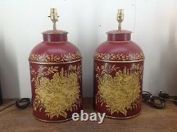 Large Pair Of Toleware Tea Caddy Chinese Red Yellow Hen Table Lamps