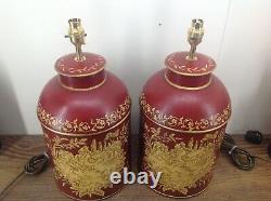 Large Pair Of Toleware Tea Caddy Chinese Red Yellow Hen Table Lamps