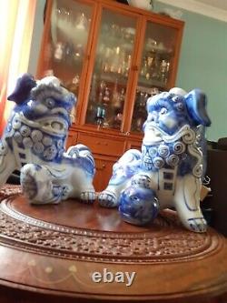 Large Pair Vintage Blue And White Foo Dog Statue