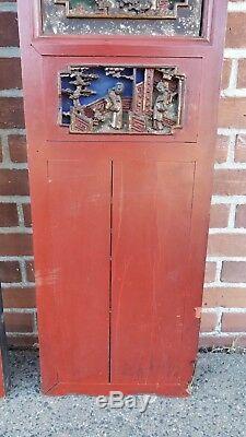 Large Pair of Antique Chinese Door Panels with Hand Carved Figures