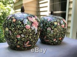 Large Pair of Black Chinese Porcelain Ginger Jars with Lid Figures & Flowers