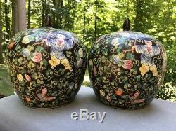Large Pair of Black Chinese Porcelain Ginger Jars with Lid Figures & Flowers