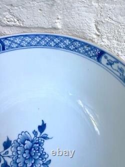 Large Quality 18th Century Chinese Blue and White Punch Bowl, Peony Design, VGC