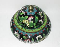 Large Rare Chinese Cloisonne Black Enamel Floral Jar Bowl Box